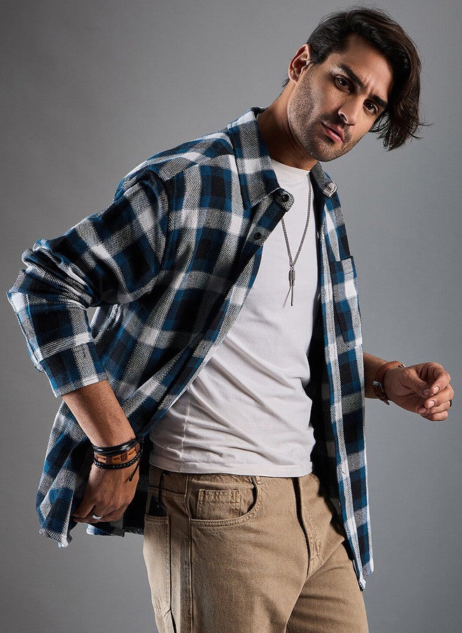 CHIMPAAANZEE Oversized Tartan Checked Spread Collar Casual Shirt - Image 3